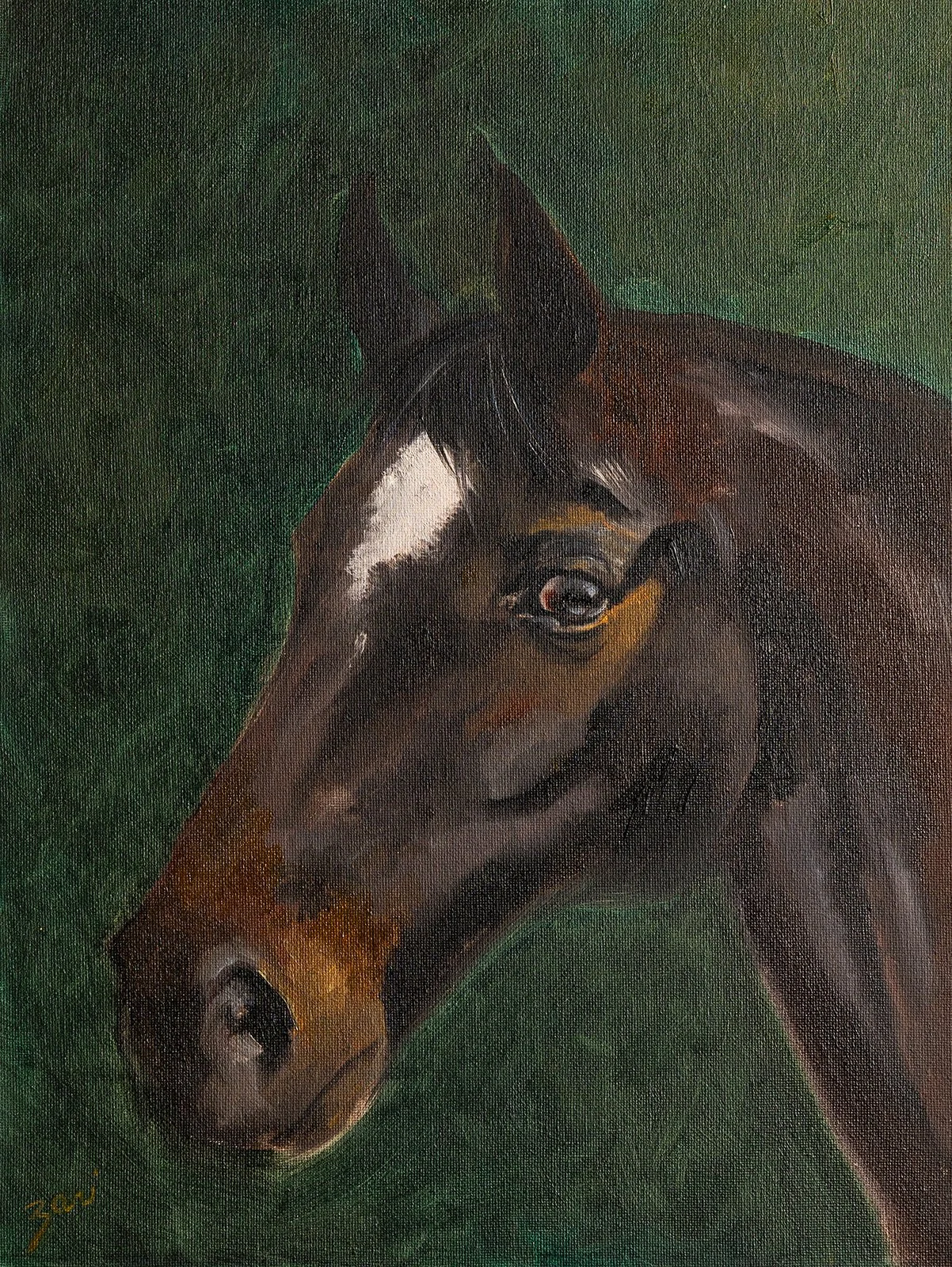 A painting of a horse's head, showing details of the face and mane, against a green background.