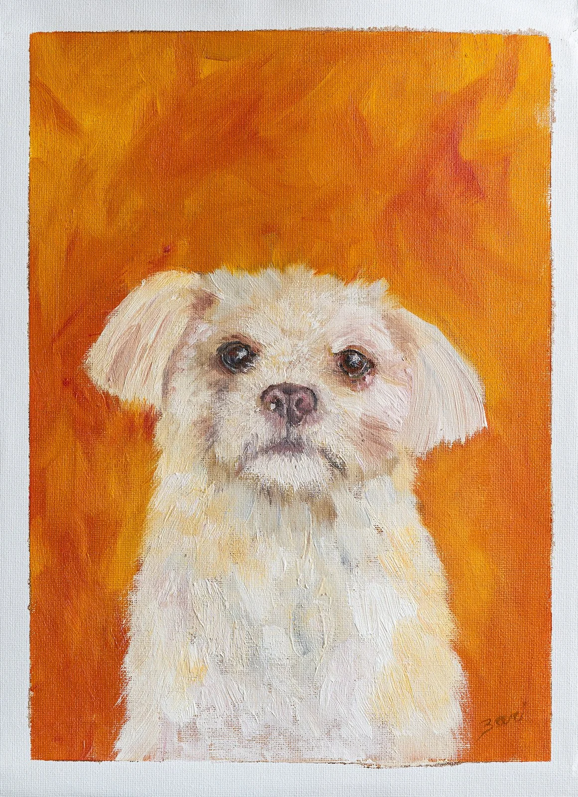 A realistic painting of a small, cream-colored dog with dark eyes, a black nose, and a slightly open mouth, set against an orange background.