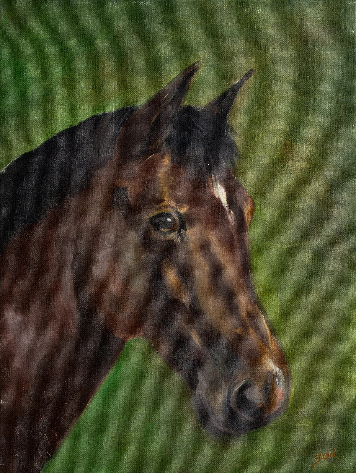 A detailed painting of a horse's head with a green background, featuring the horse's eyes, ears, and nostrils.