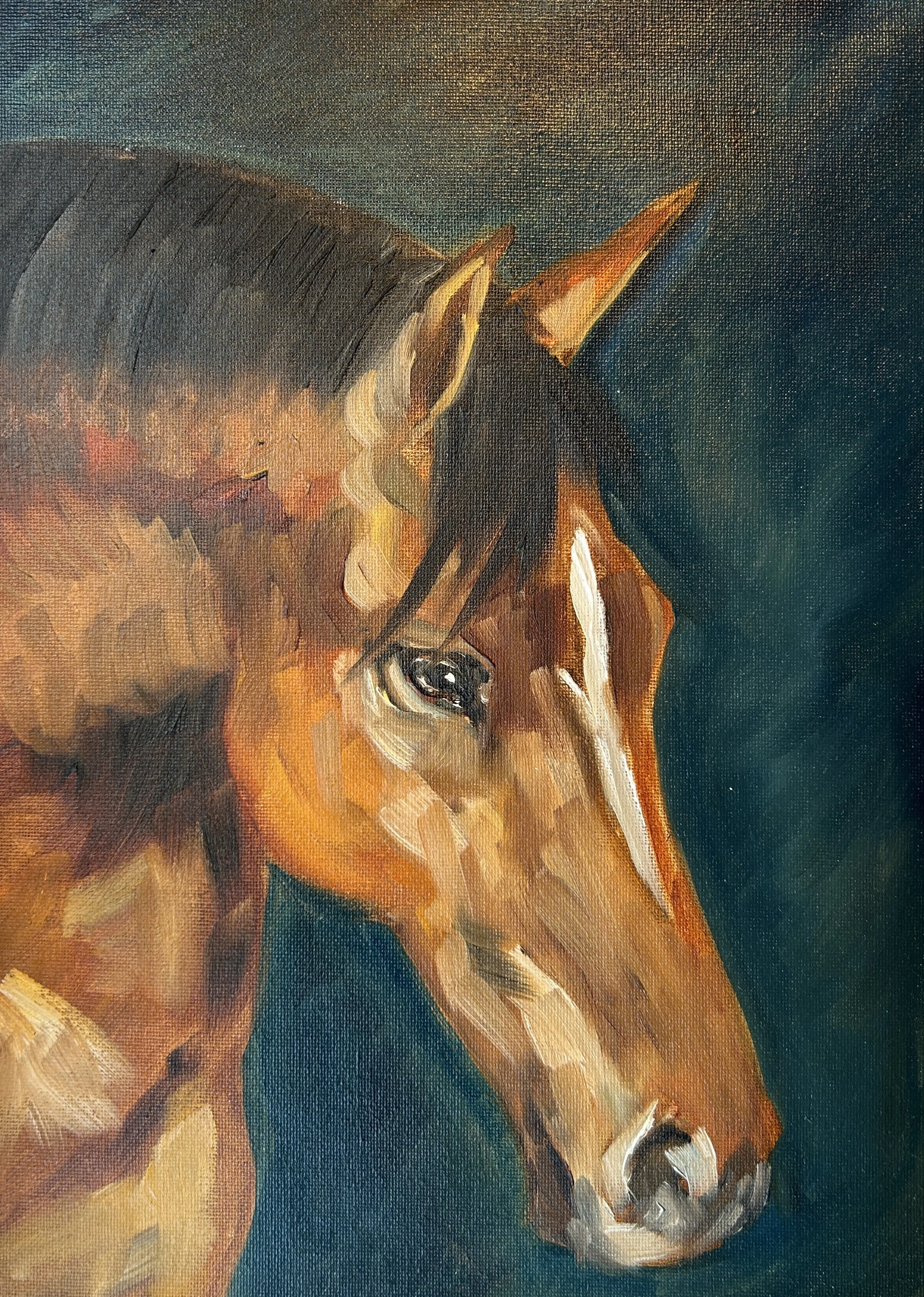 A painting of a young dog with a light brown coat, dark eyes, and pointed ears looking directly at the viewer.