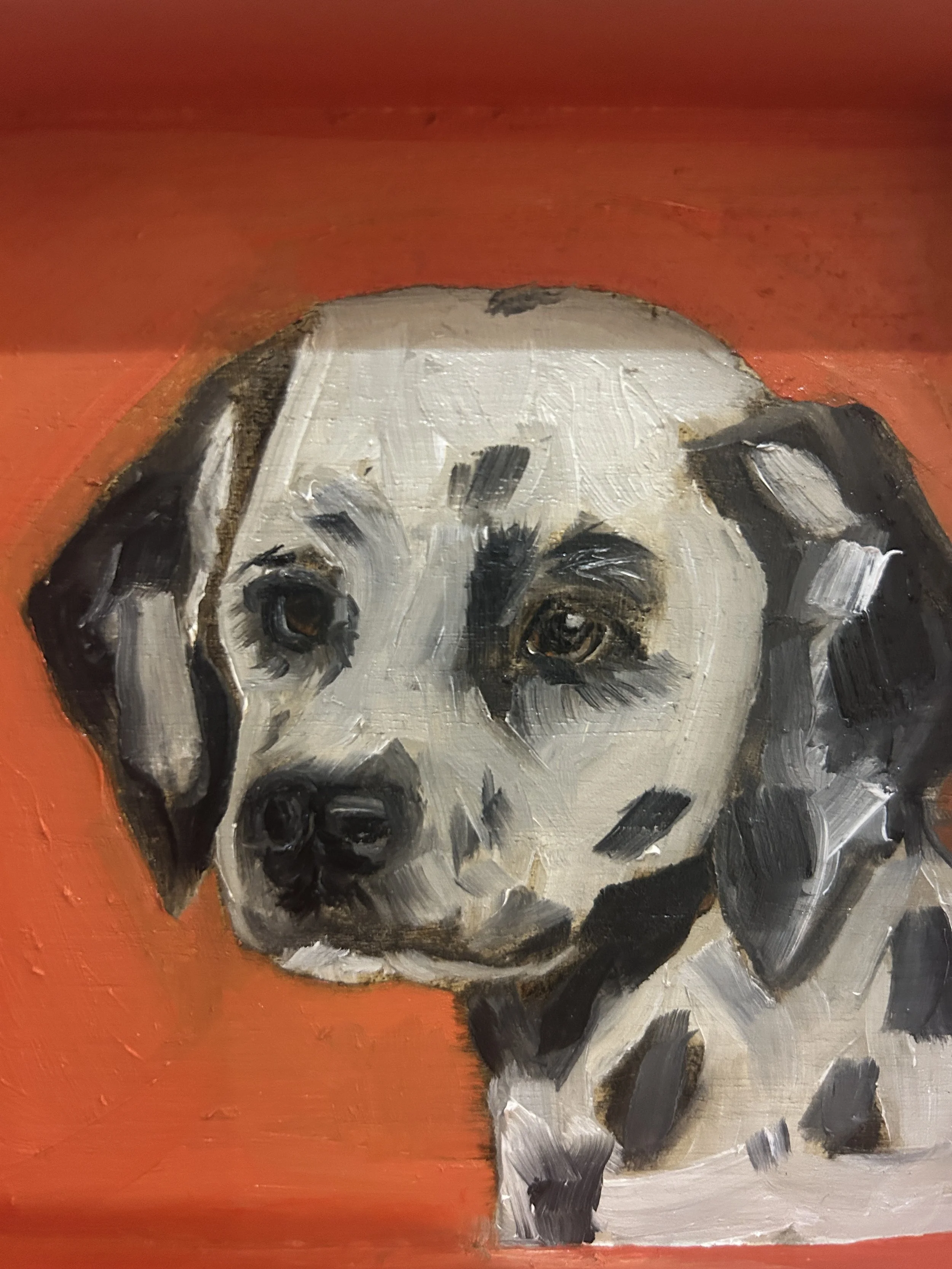 Oil painting of a pug dog with a cream-colored face, dark eyes, and a black nose, set against an orange background.