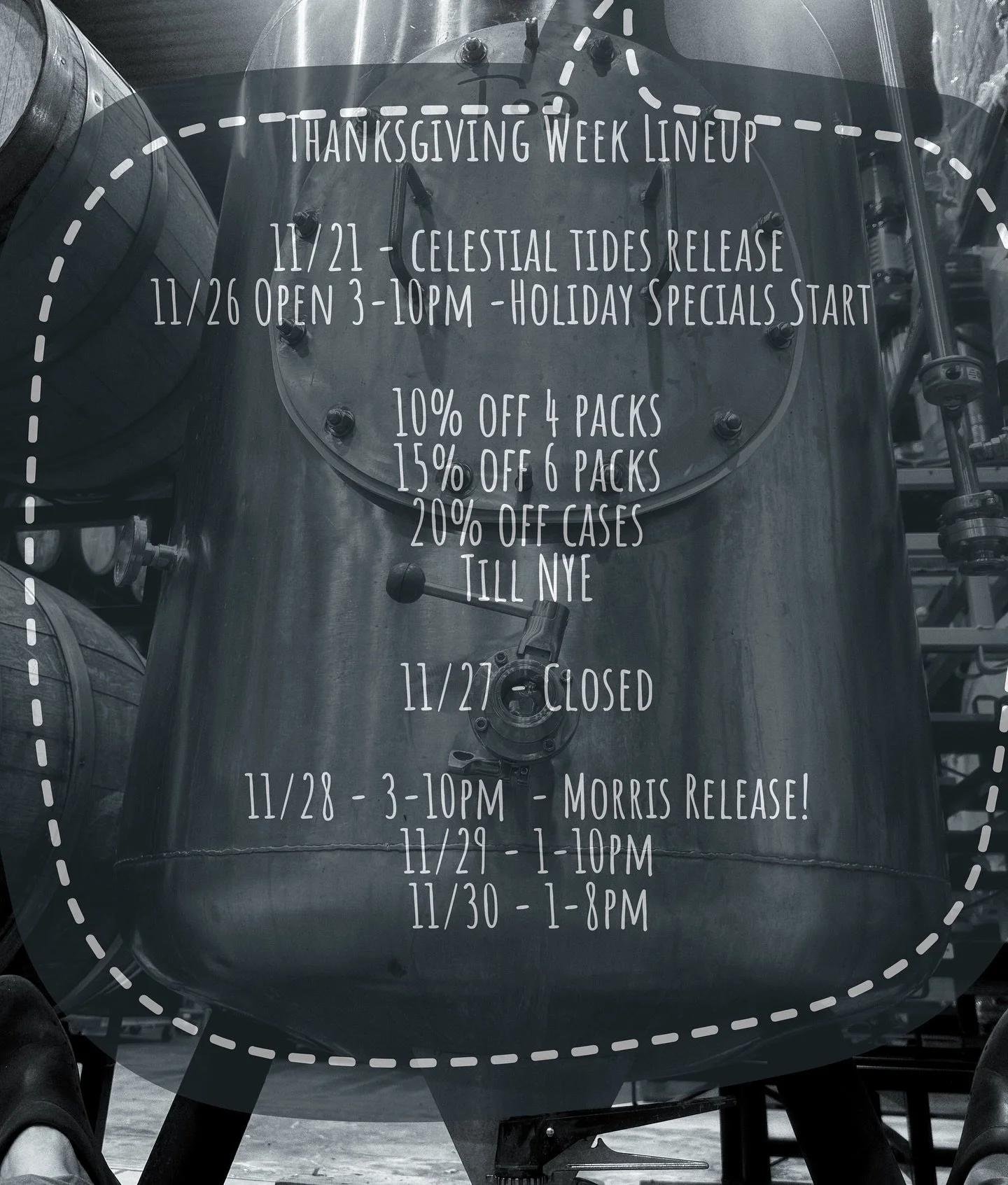 Friends lets Feast. 

Remember mixed culture saisons are the best turkey beer. 

Celestial Tides makes an excellent dessert close out. 

Holiday bottle sales start Wednesday through the end of the year

More details to come for Friday&rsquo; Release 