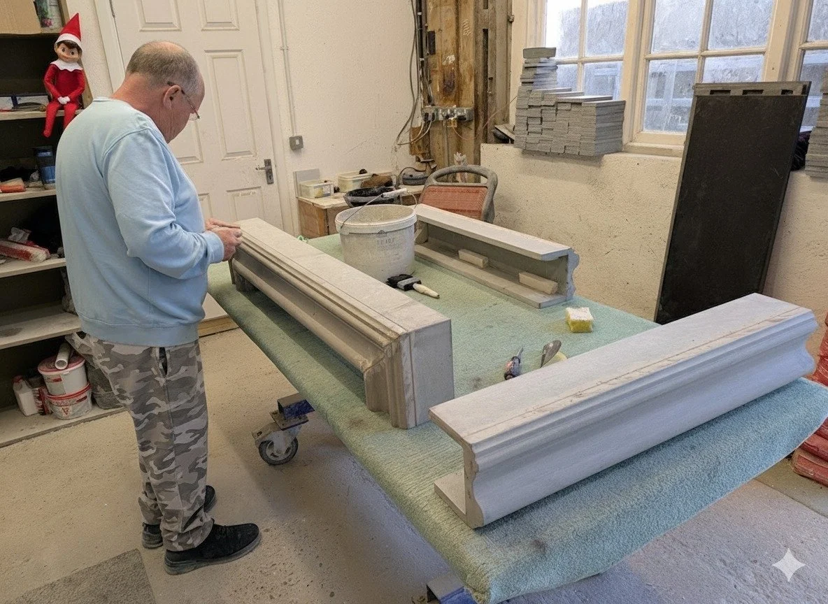 He seems to be getting everywhere..........

Here's Kev grouting the joints on a Crighton fireplace before dispatch.........

#workshoplife #fireplacemaker🔥⛏ #elfonashelf #interiordesign #limestone #stonemason⛏ #NaughtyOrNice