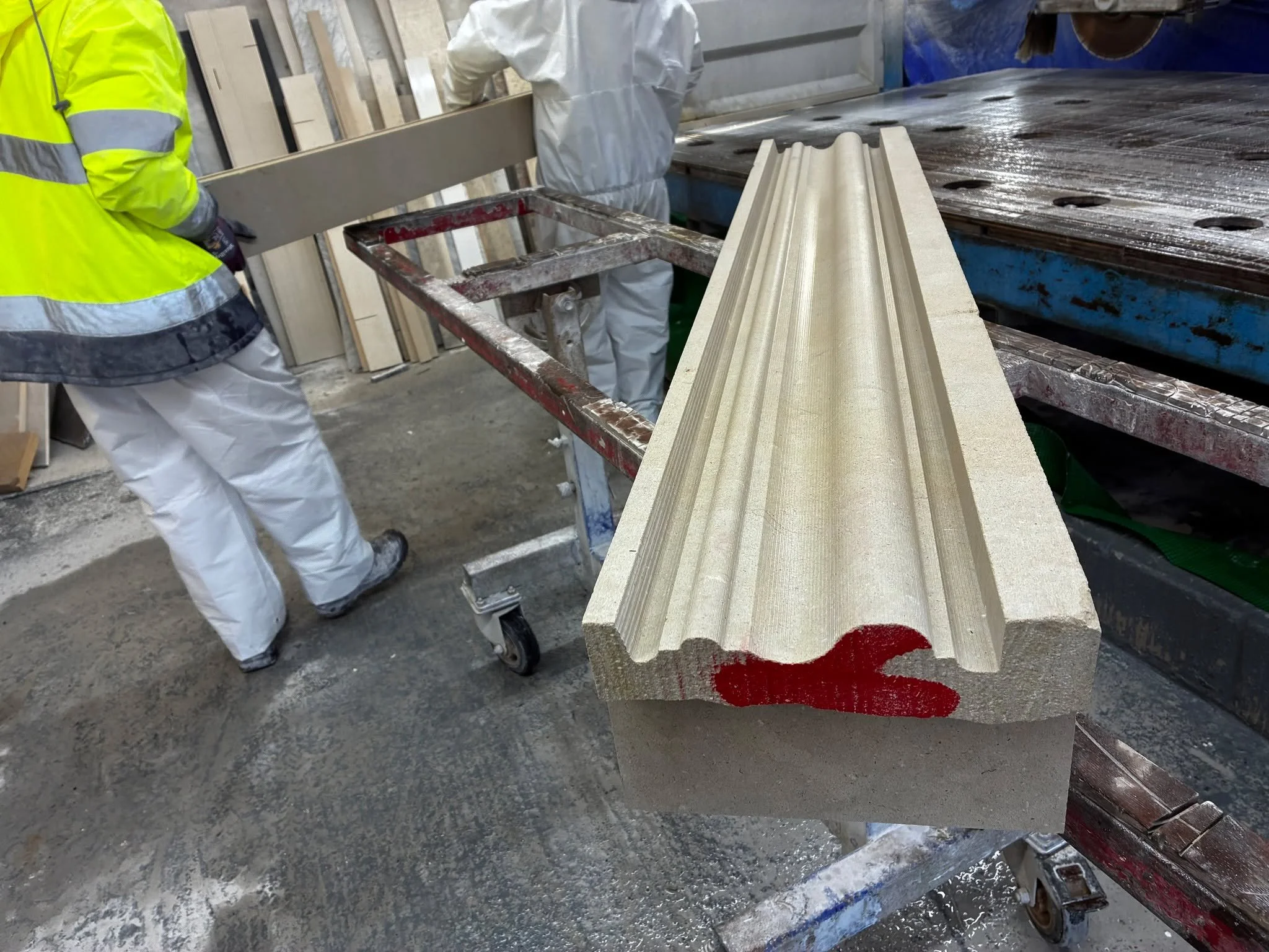 Portland incoming..........

Loading up the saw with some big, heavy blocks of Portland Stone from @albionstone for another bespoke commission. We've already roughed out the profile, and after trimming the blocks down it will be onto the bench for ha