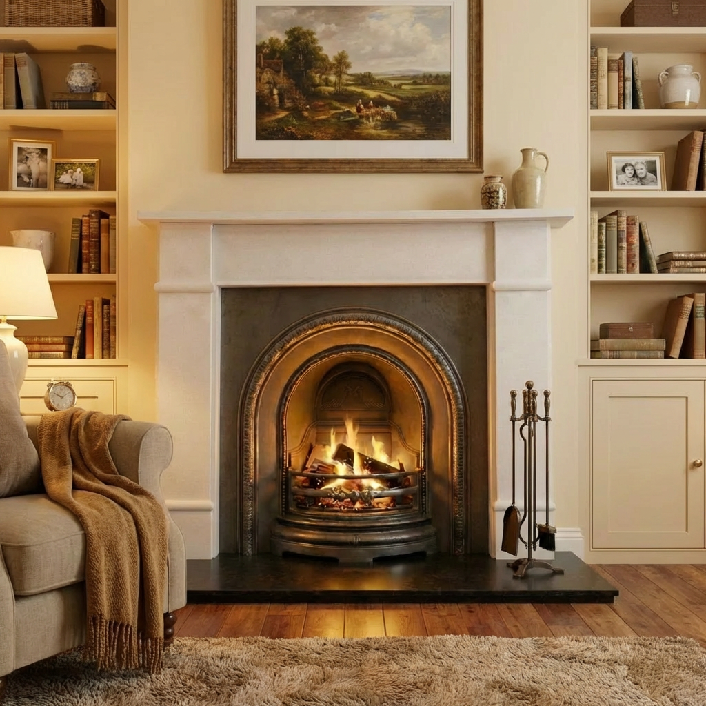 Classic Victorian fireplace in Aegean limestone