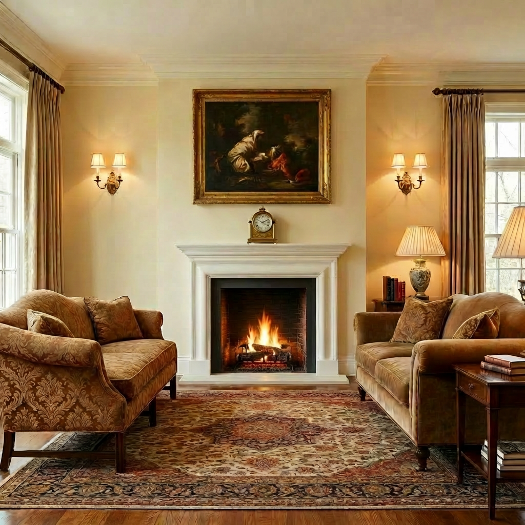 Classic Bolection+shlf fireplace in Aegean limestone