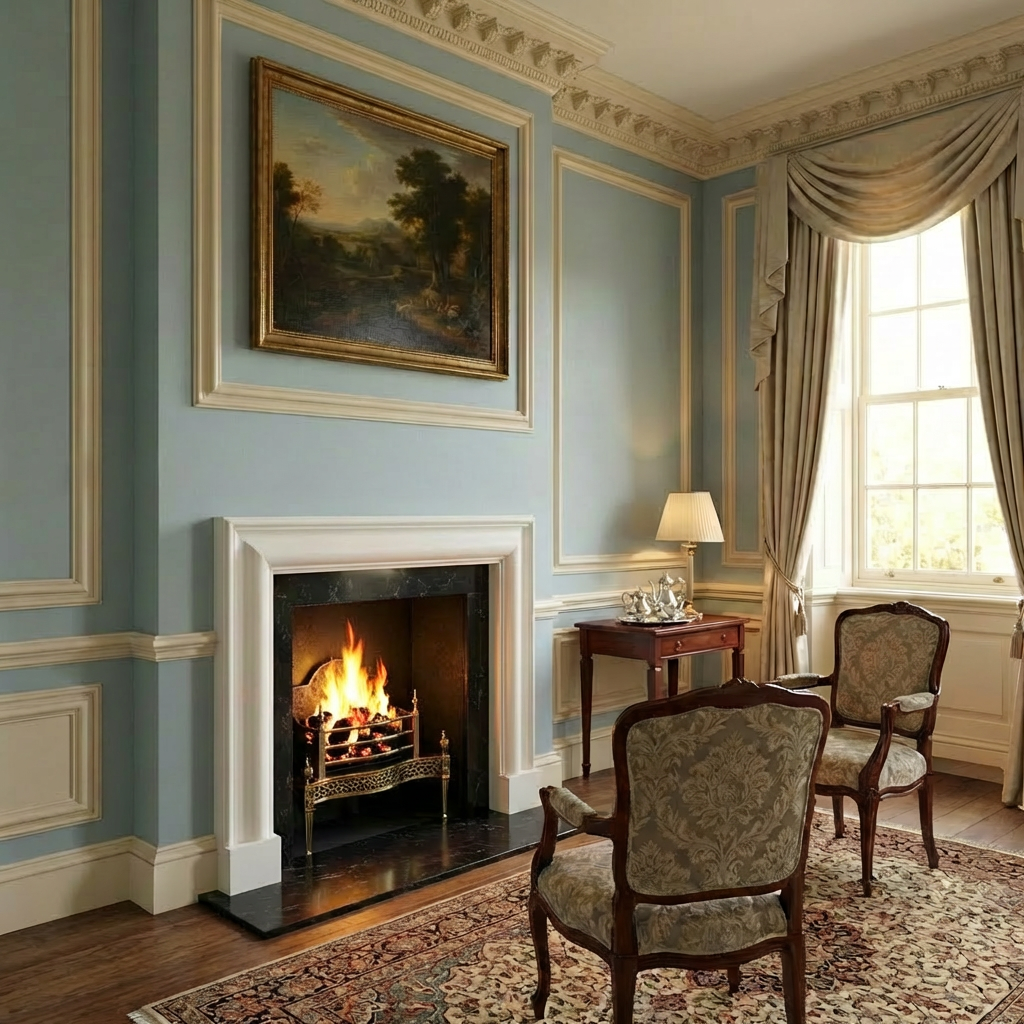 Classoc bolection fireplace in Aegean limestone