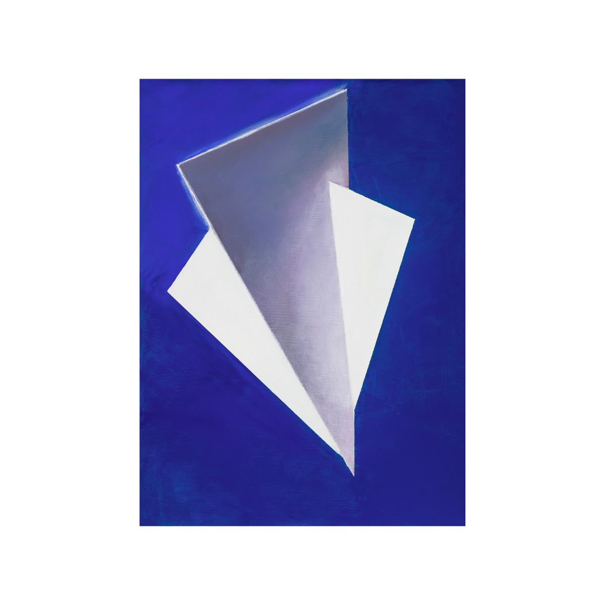 Reckoning B is an abstract oil on hardboard painting with a blue background and a white hard line abstract form.