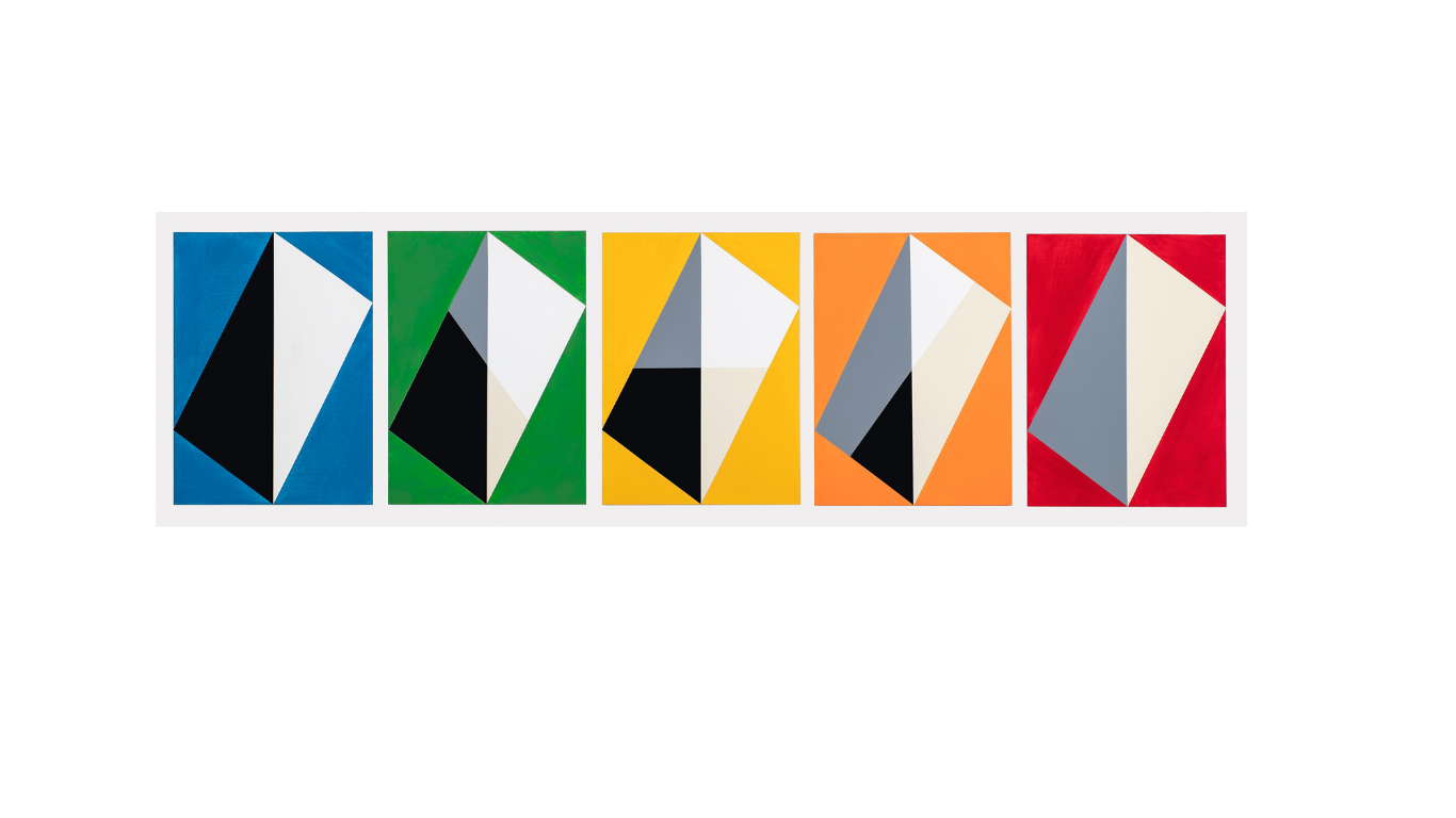 "5, No. 2" is a large abstract painting of oil on board featuring five geoemtric shapes with blue, green, yellow, orange, and red backgrounds.