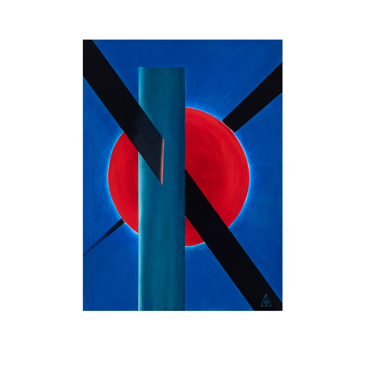 Composition No. 4 is an abstract oil painting on PVC board that has a dark blue background with an orange circular object in the foreground as well as black and teal geometric shapes.