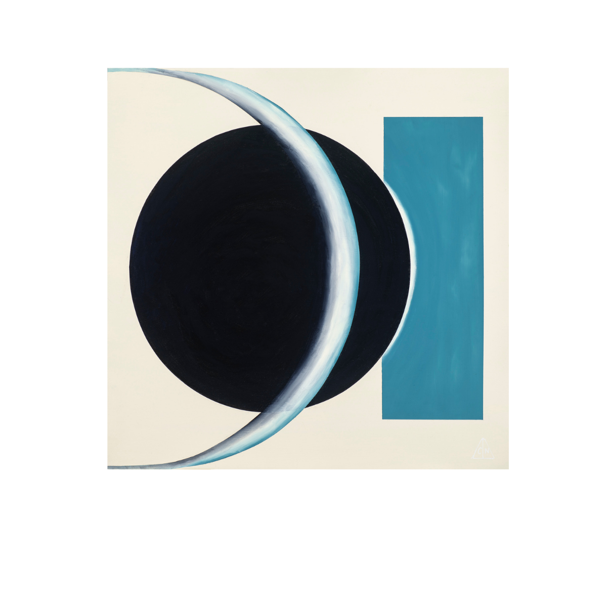 Compostion No. 8  is an abstract oil on hardboard painting with a white background and a black circle and teal rectangle in the foreground.