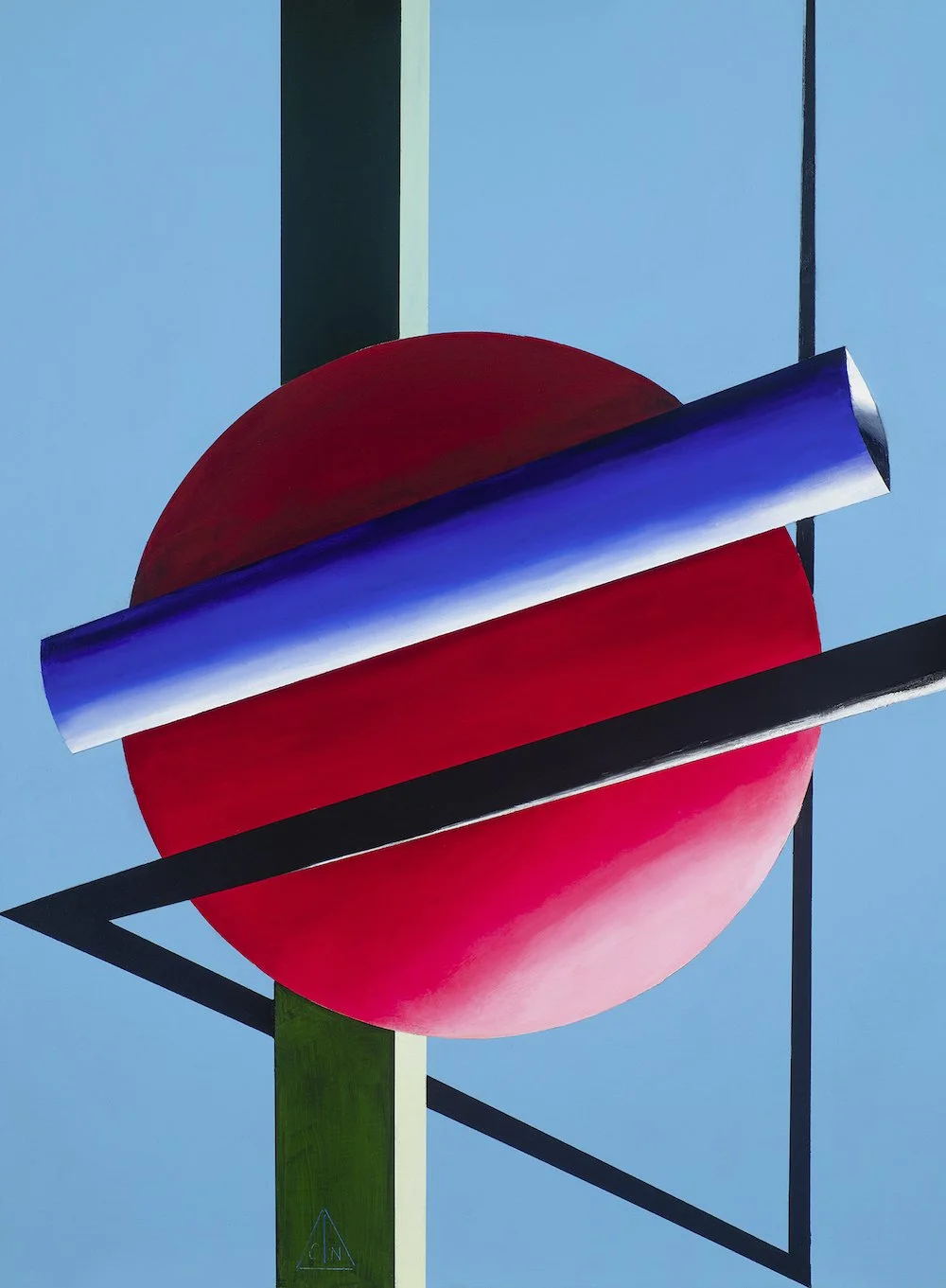 Composition No. 6 is a giclée print of an original oil painting that has a light blue background with a red circular object in the foreground as well as black, green, and blue geometric shapes.