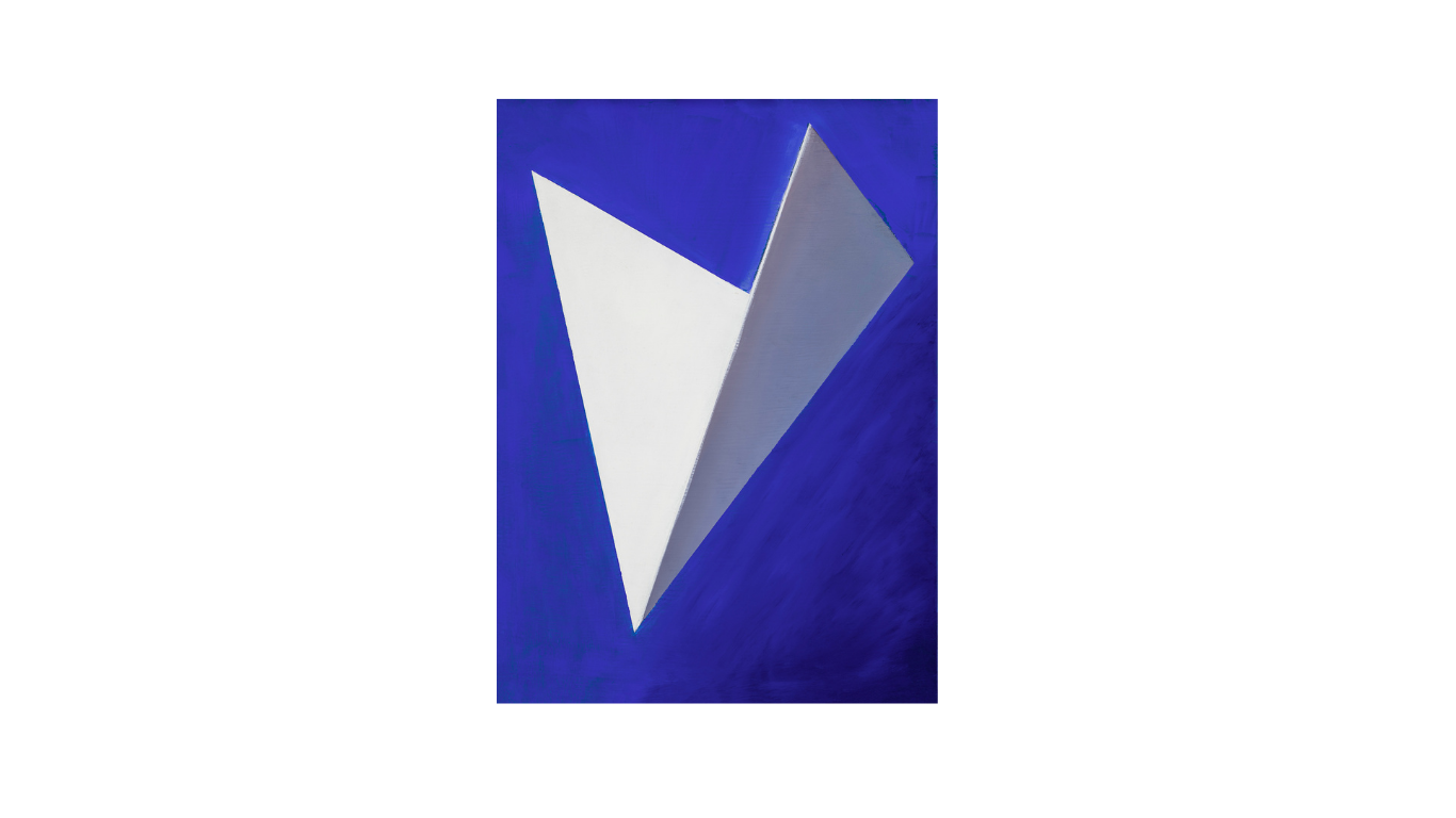 Reckoning C is an abstract oil on hardboard painting with a blue background and a white hard line abstract form.