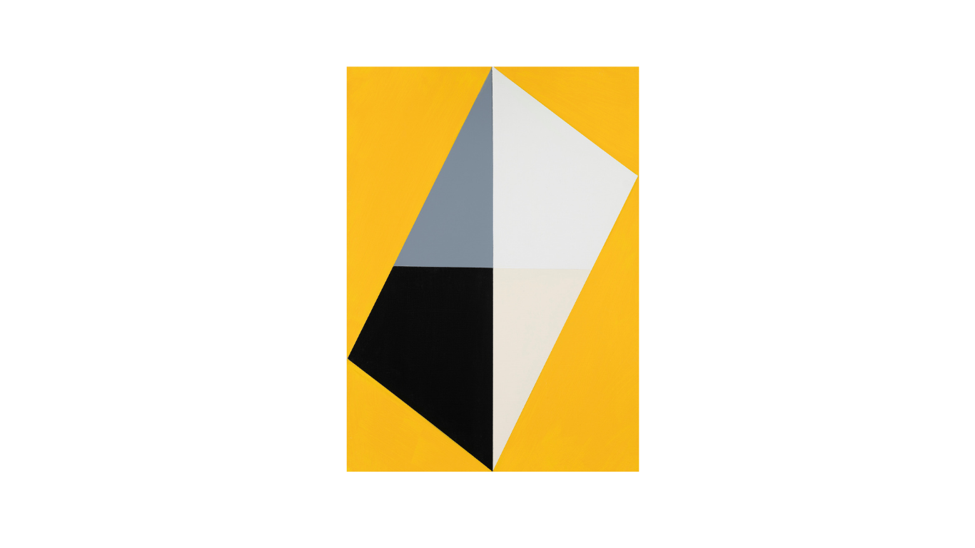 3 of 5 by Christopher Nicholson is a giclée print of an oil painting with a yellow background and a minimalist, hard-edge form in the foreground of black, white, and gray.