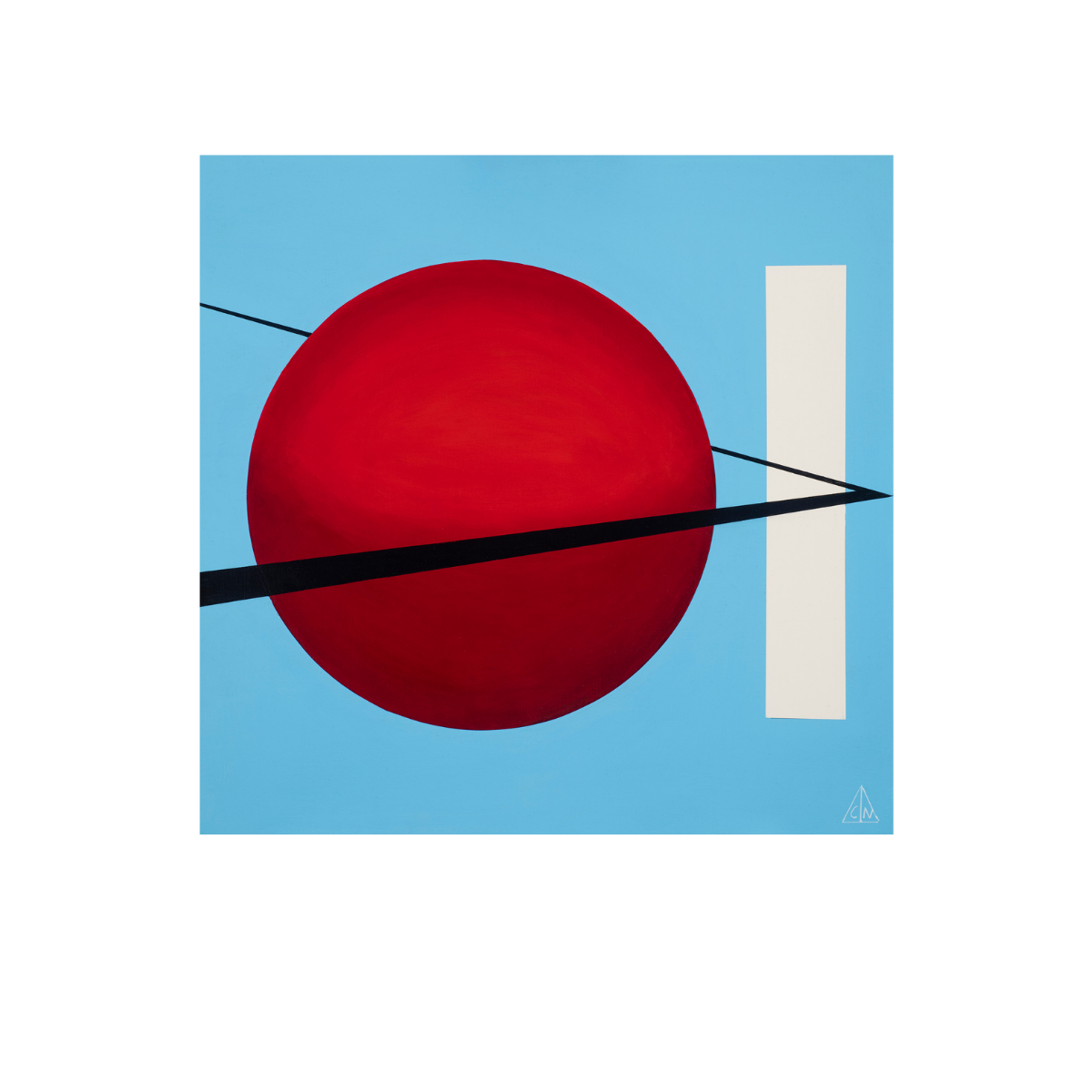 Compostion No. 7  is an abstract oil on hardboard painting with a blue background and a red circle, white rectangle, and black line in the foreground.