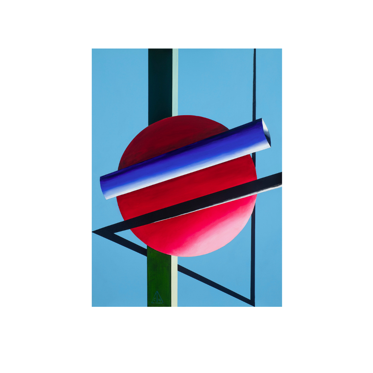 Composition No. 6 is an abstract oil painting on PVC board that has a light blue background with a red circular object in the foreground as well as black, green, and blue geometric shapes.