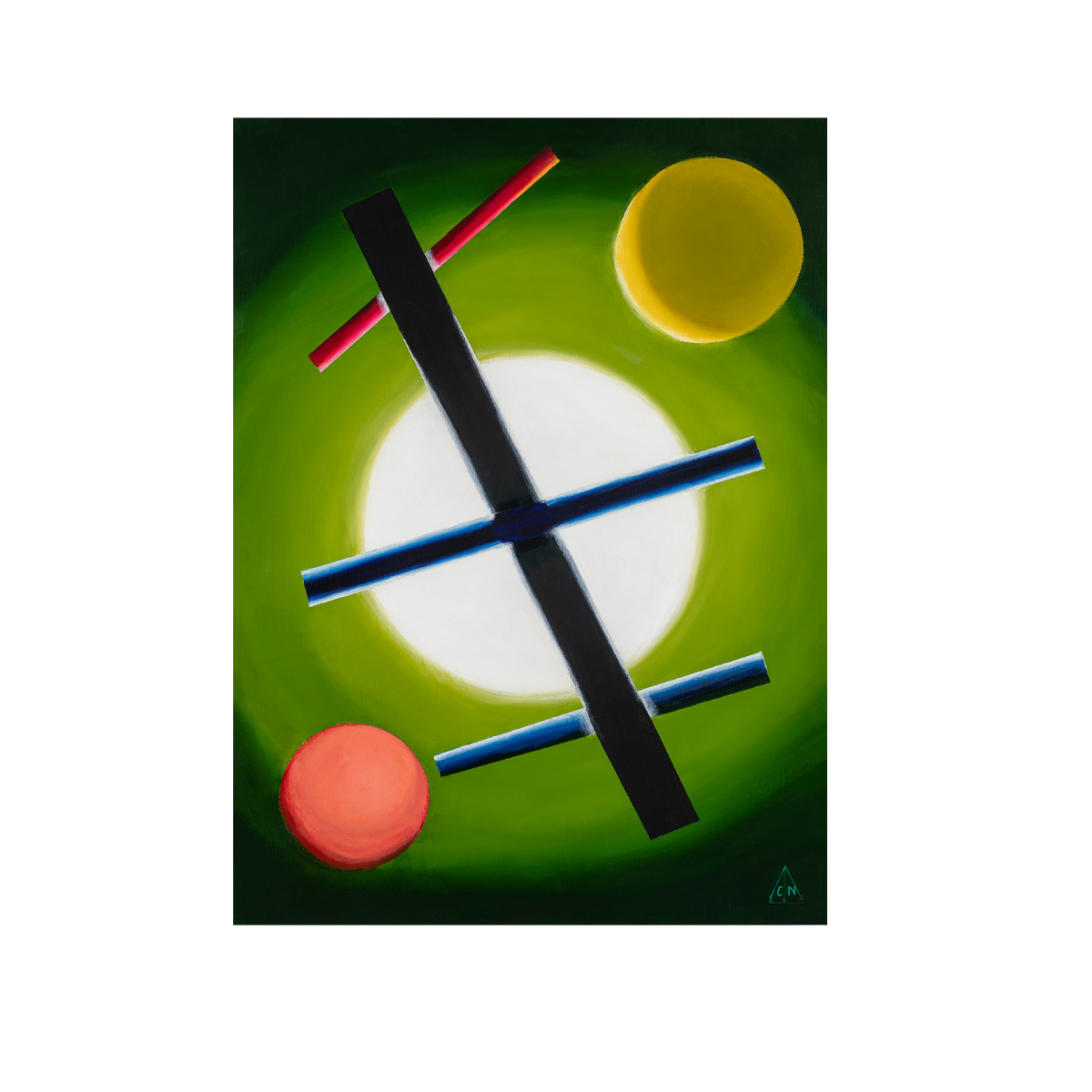 Composition No. 4 is an abstract oil painting on PVC board that has a green background with white, red and yellow circular objects in the foreground as well as black and blue rectangular shapes.