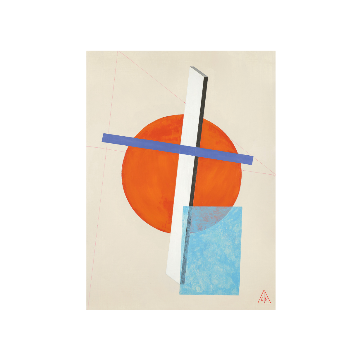 Composition No. 3 by Christopher Nicholson is an abstract minimalist painting of oil on PVC board with a white background and geometric shapes in the foreground of orange, white, purple, and blue.