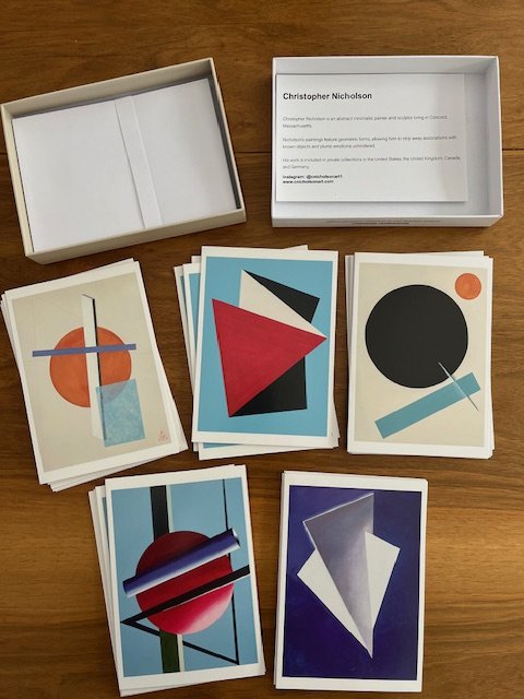 Contents of boxed note card set featuring work of Christopher Nicholson.