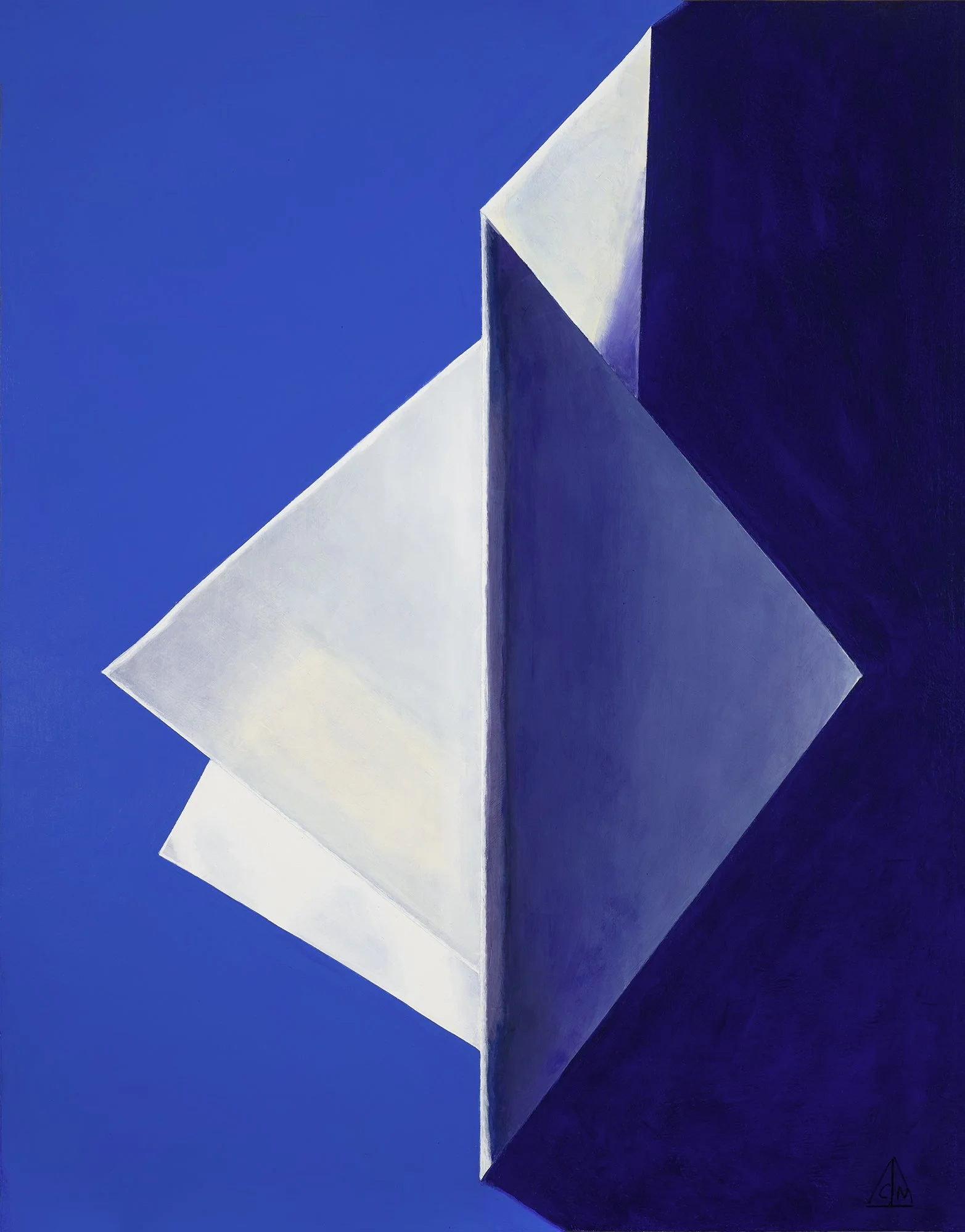 The Angel by Christopher Nicholson is a giclée print of an oil painting with a rich blue background and in the foreground a minimalist, hard-edge folded paper form in white.
