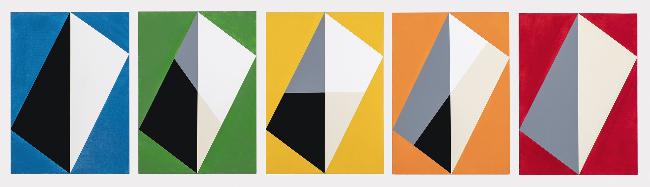 "5, No. 2" is a large abstract painting of oil on board featuring five geoemtric shapes with blue, green, yellow, orange, and red backgrounds.