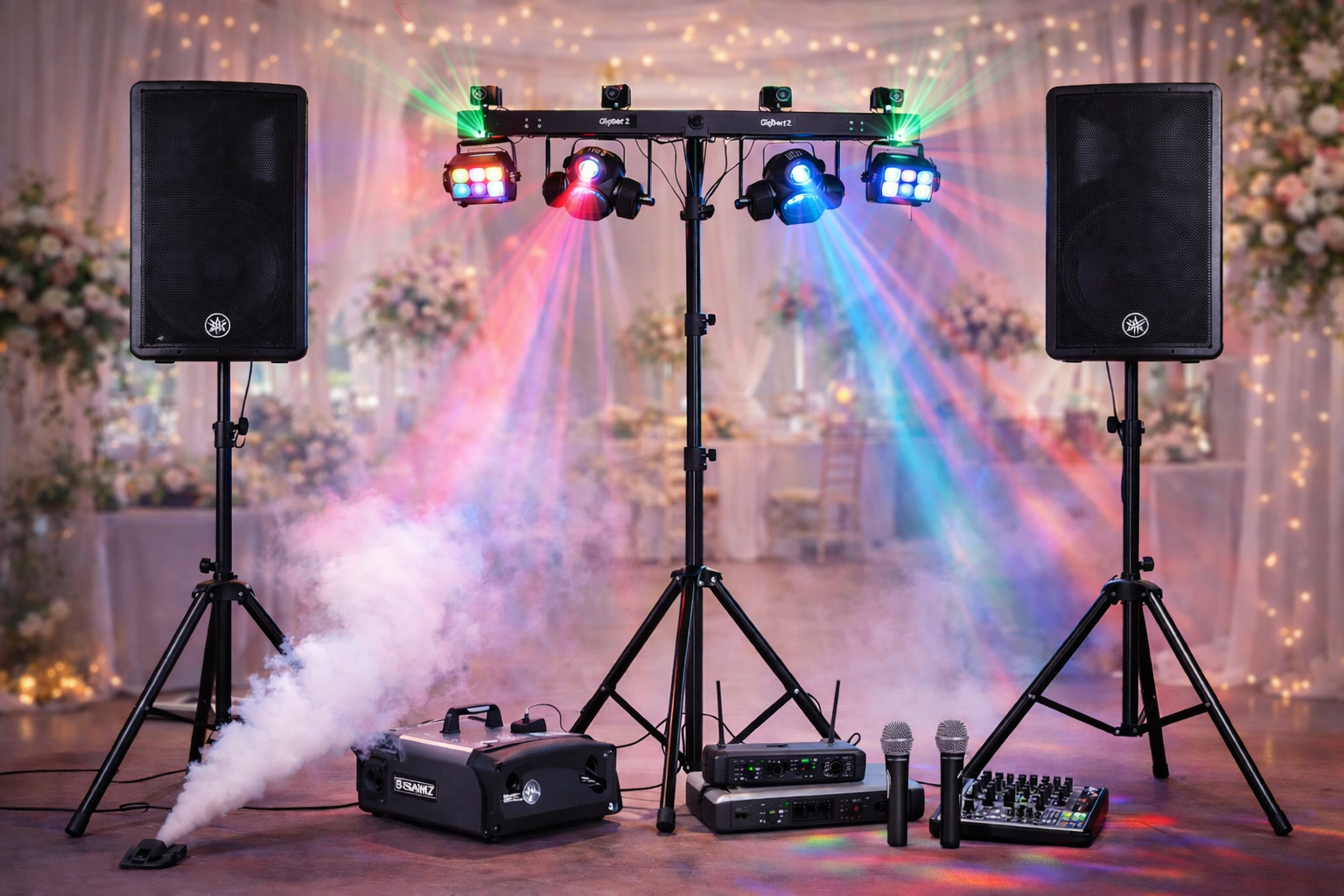 DJ- eller ljudutrustning med två högtalare, ljudreglage, mikrofoner, ljus- och effektutrustning samt rökgranater, uppställda i en festlokal med blommor och belysning.