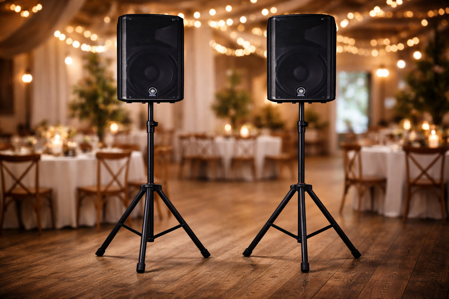 Två svarta högtalare på ställningar placerade i ett festlokal med belysning och dukade bord i bakgrunden.