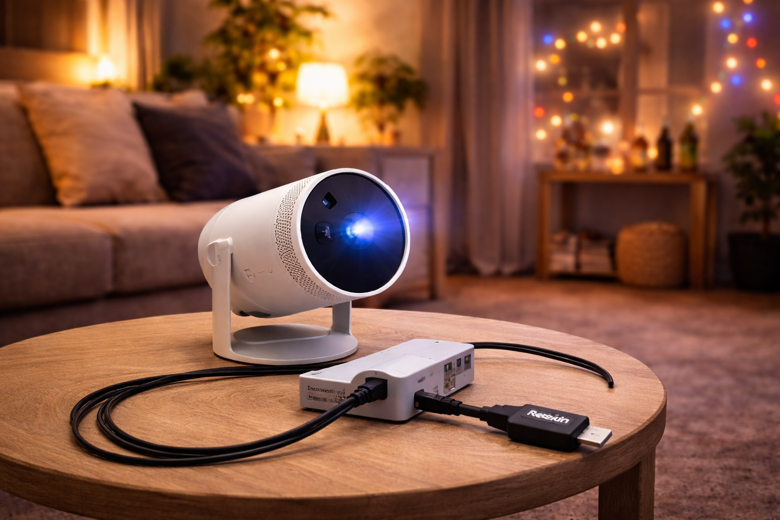 En vit robotlampa på ett runt träbord i ett mysigt vardagsrum med soffan, kuddar, och dekorationer i bakgrunden, belyst av varma ljus och julbelysning.