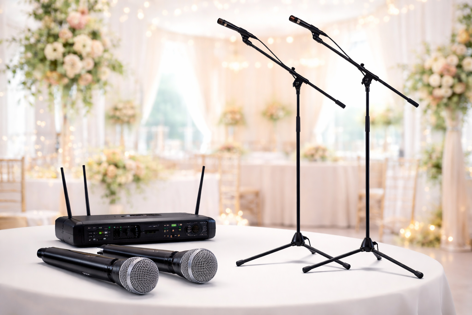 Ljudutrustning, två mikrofoner, en ljudmixer och mikrofonstativ på ett bord, inomhus med blomsterdekorationer i bakgrunden.