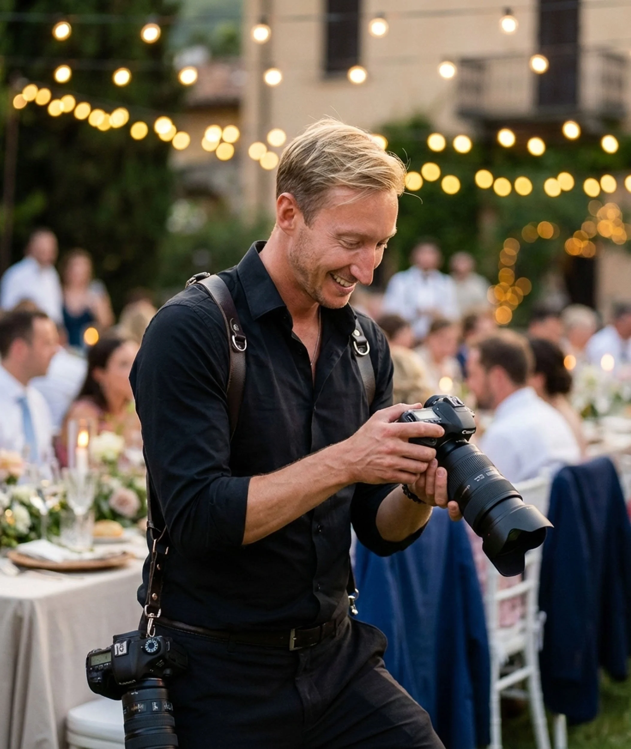 En glad professionell bröllopsfotograf i svart skjorta som tittar på bilderna i sin kamera under en bröllopsmiddag utomhus.