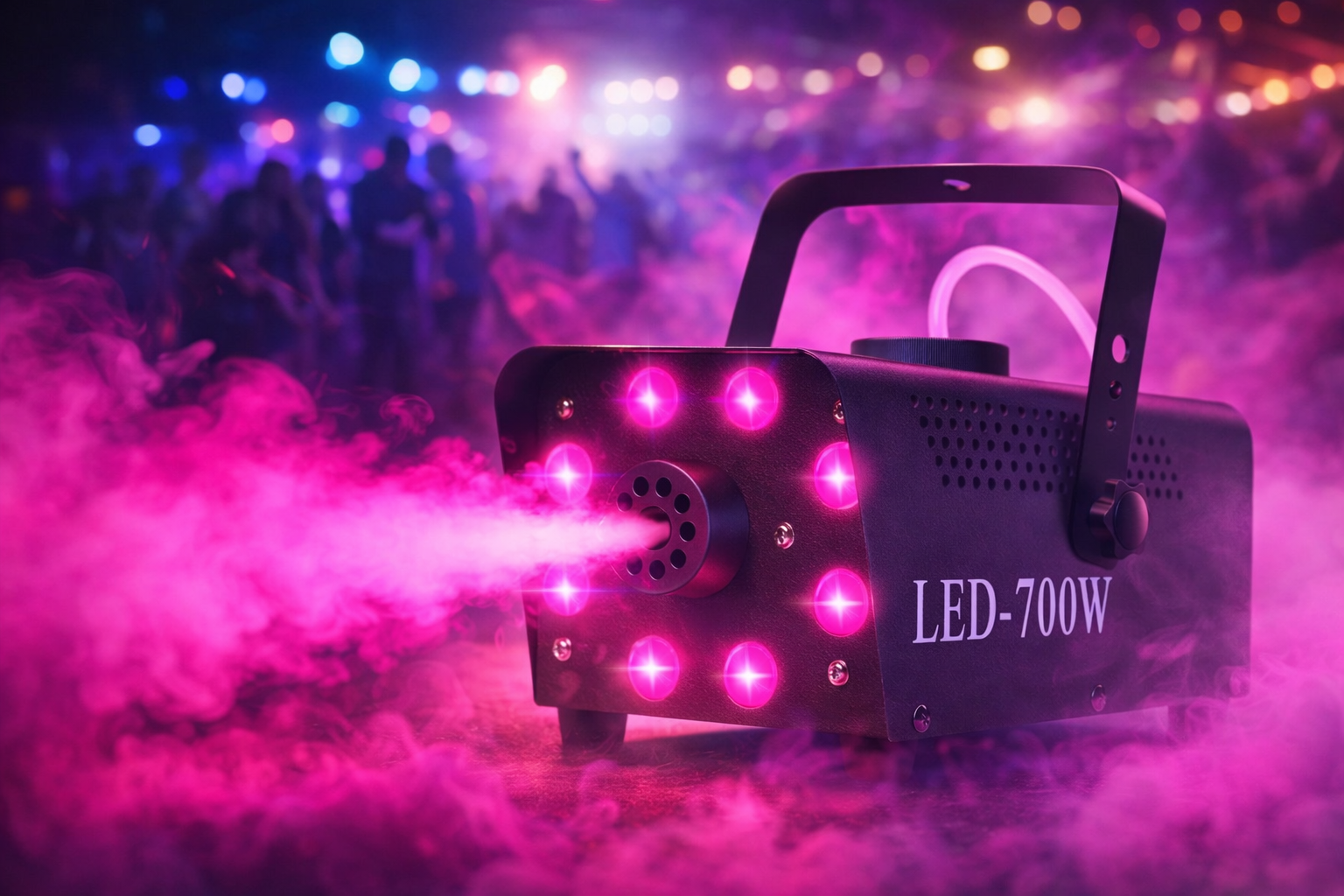 En LED-laser ljusmaskin som sänder ut rosa ljus och rök, med en skog av människor i bakgrunden på en fest eller konsert.