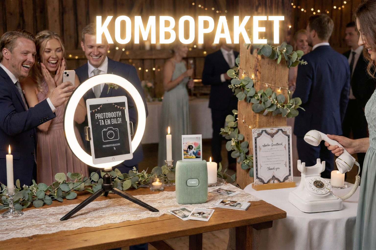 En grupp glada människor på ett bröllop eller fest använder en fotobås med en ringlight och ett tillhörande digitalkamera. Det finns ett bord med foton, ljus, ett grafiskt tecken och en gammaldags telefon.