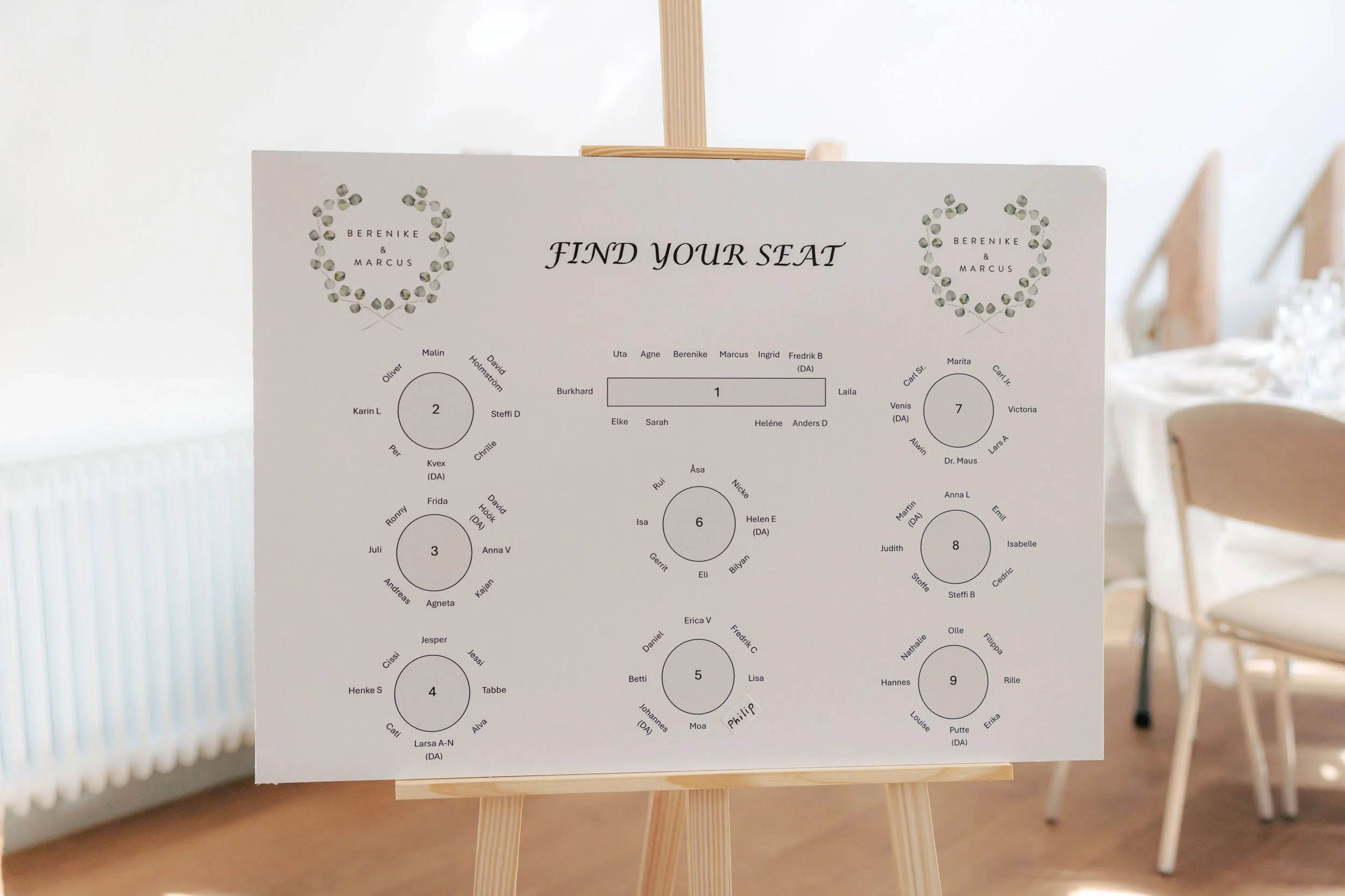 Svematsplan för ett bröllop med namnen Berenike och Marcus, med olika sittplatser grupperade i cirklar, samt ett område för att hitta sin plats.