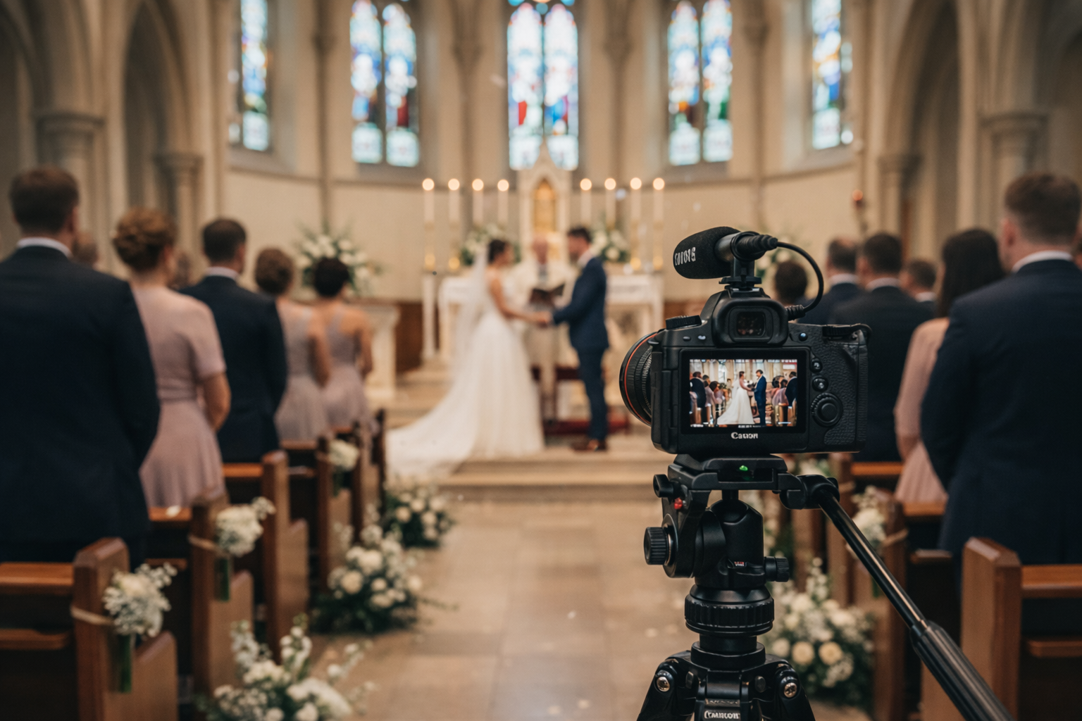 En kamera fokuserar på ett bröllopsceremoni i en kyrka, med brud och brudgum i fokus, medan gäster tittar på och kamerautrustning fångar ögonblicket.