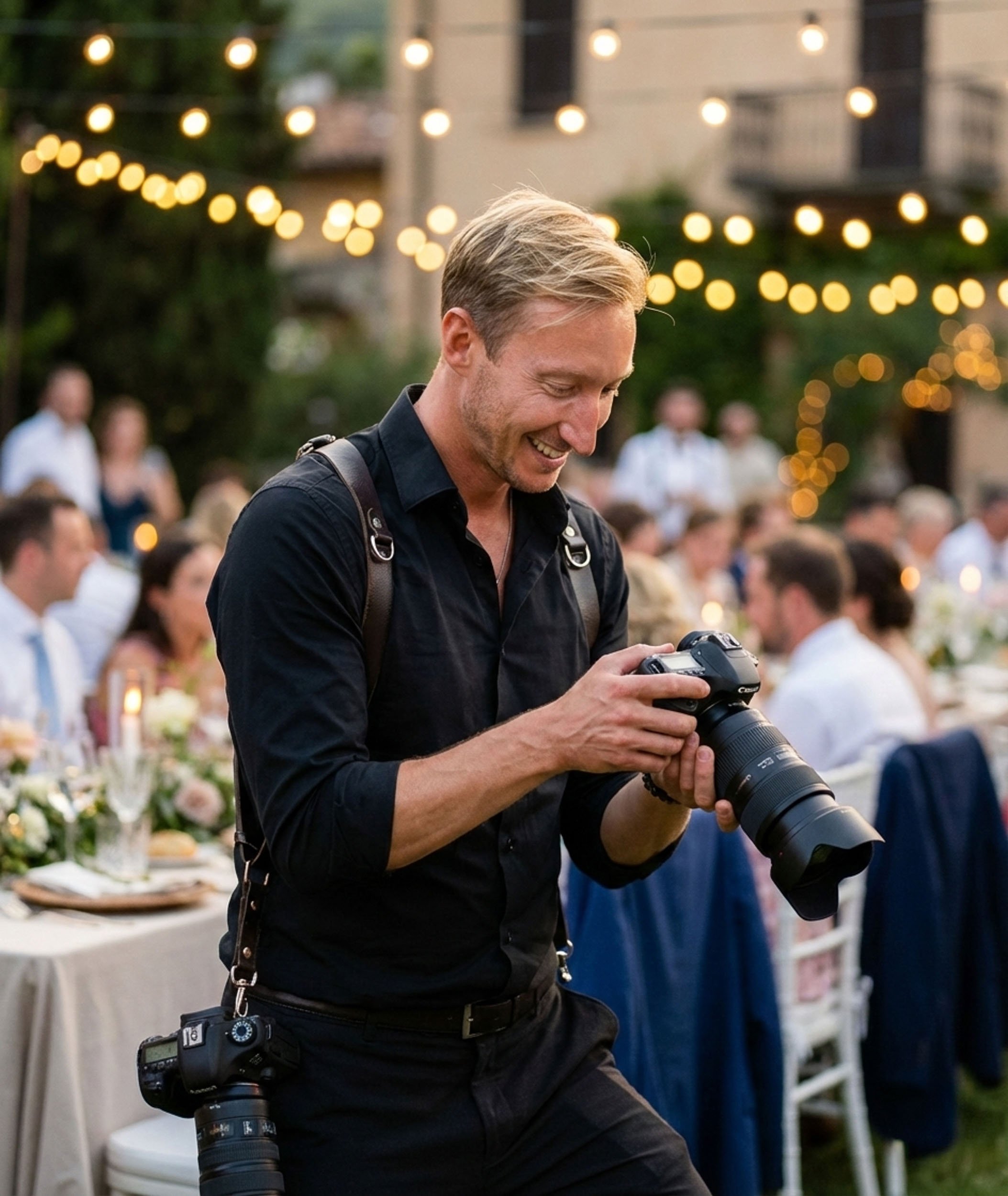 Ett runt porträtt av bröllopsfotografen David Sahlberg som ler medan han kollar på sin kamera under en pågående bröllopsmiddag.