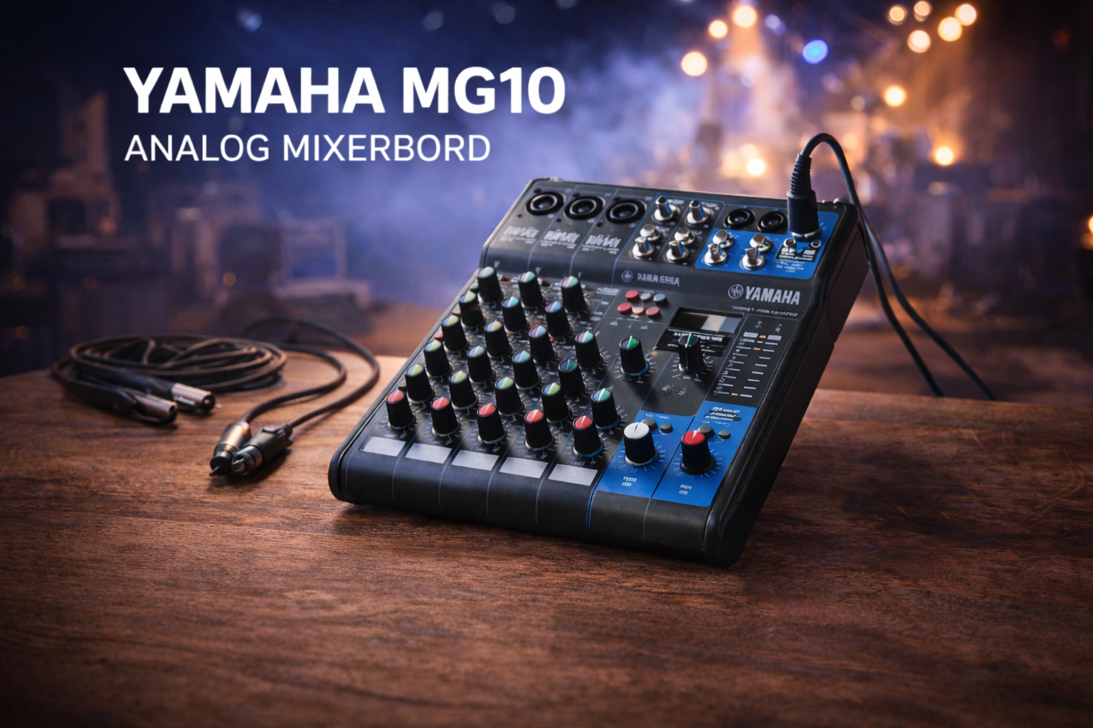 En Yamaha MG10 analoga mixerbord med några anslutna kablar, placerad på ett träbord mot en bakgrund av scenbelysning.