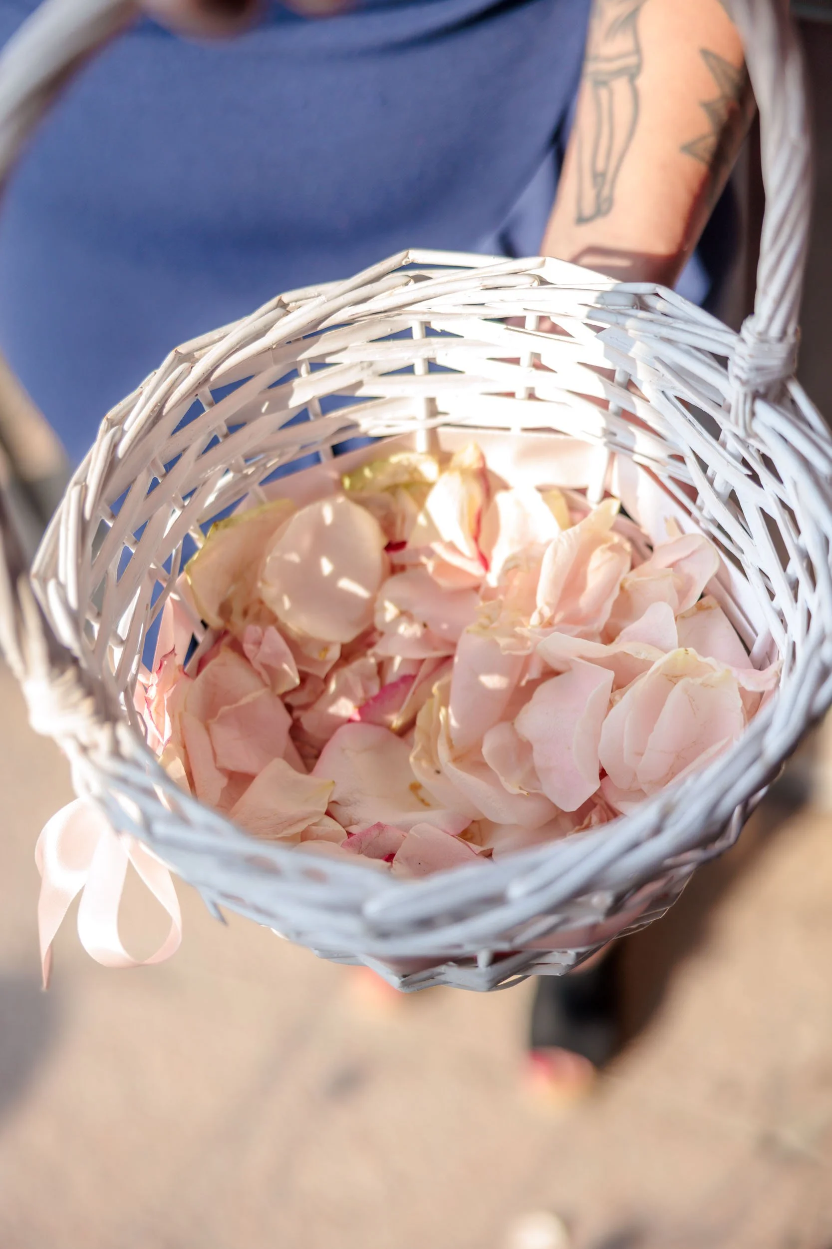 Person som håller en vit korg fylld med rosa och vit rosenblad.