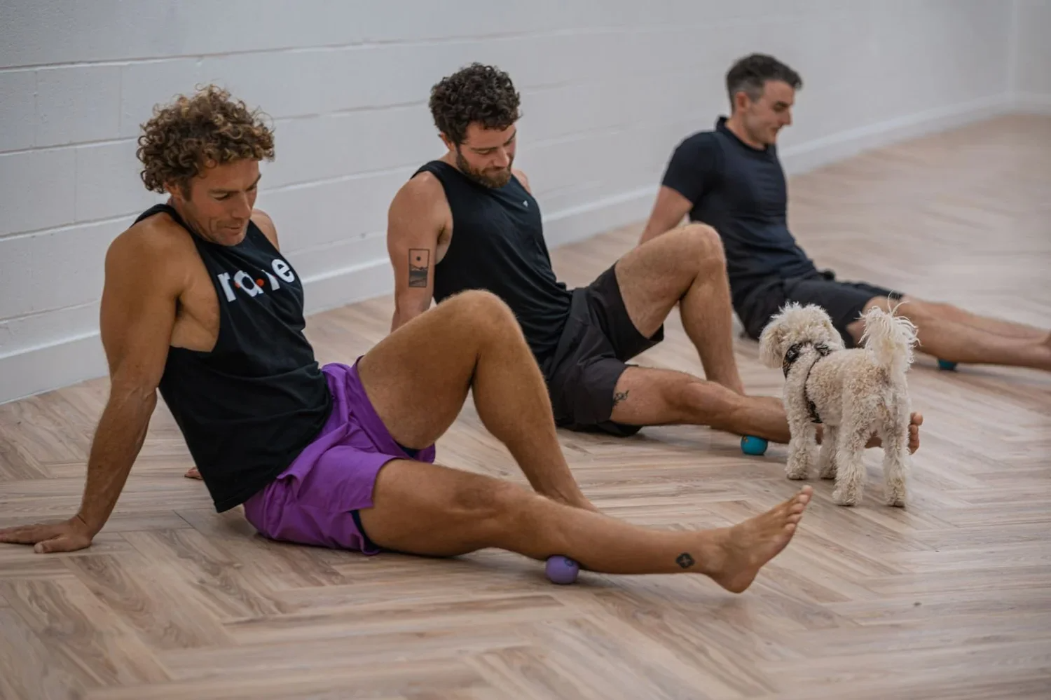 Three men stretch indoors alongside a dog
