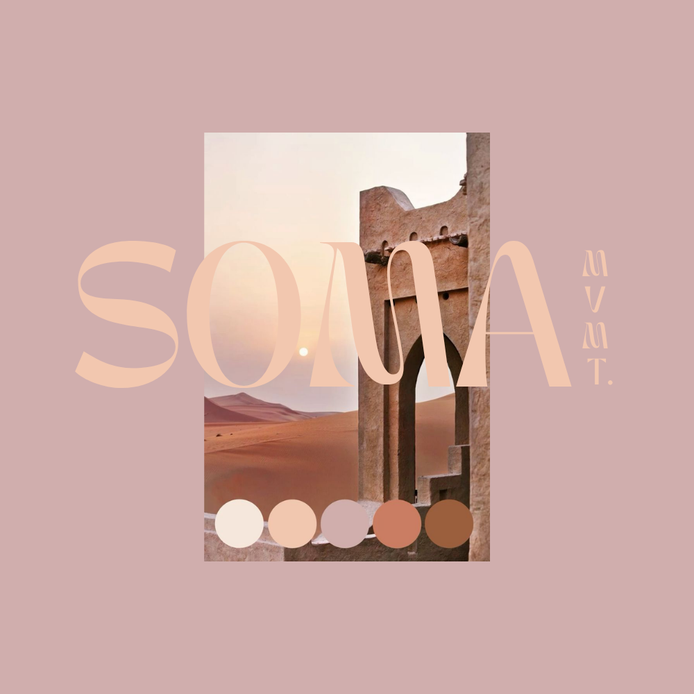 Soma MVMT logo overlayed by a photo and color palette