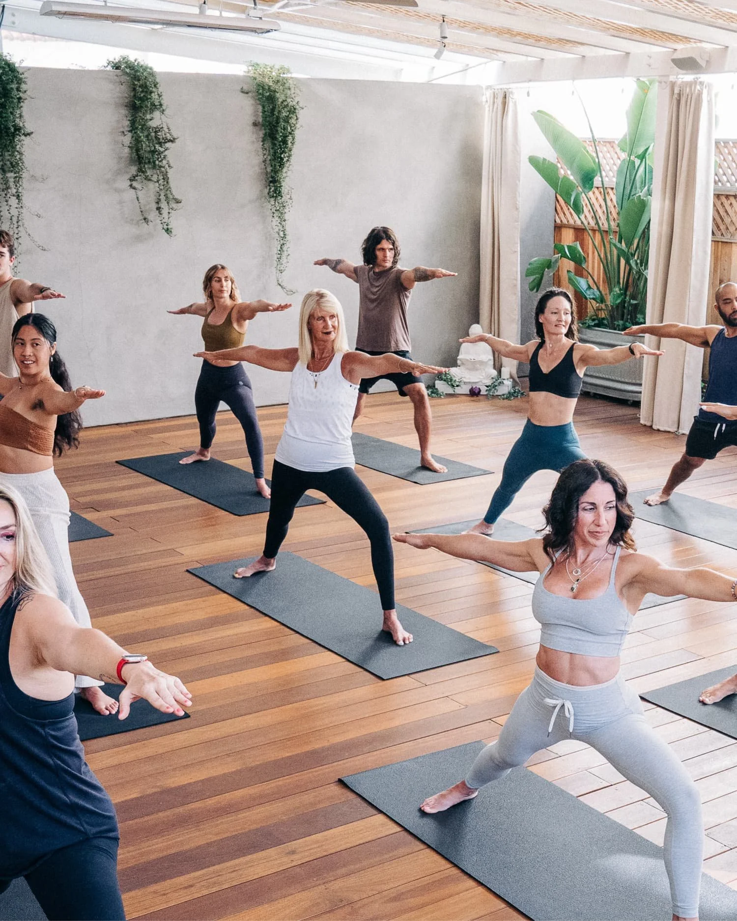 Yoga class in warrior II pose on a wood-floor studio with plants and natural light.
