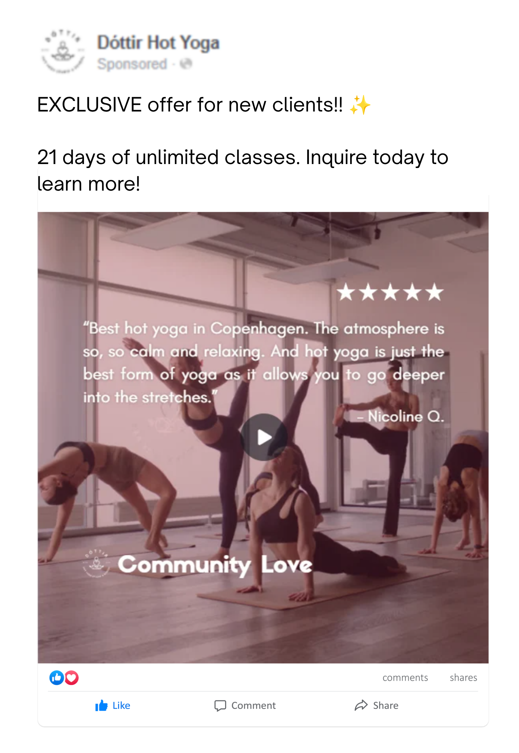 Facebook Ad for Dottir Hot Yoga