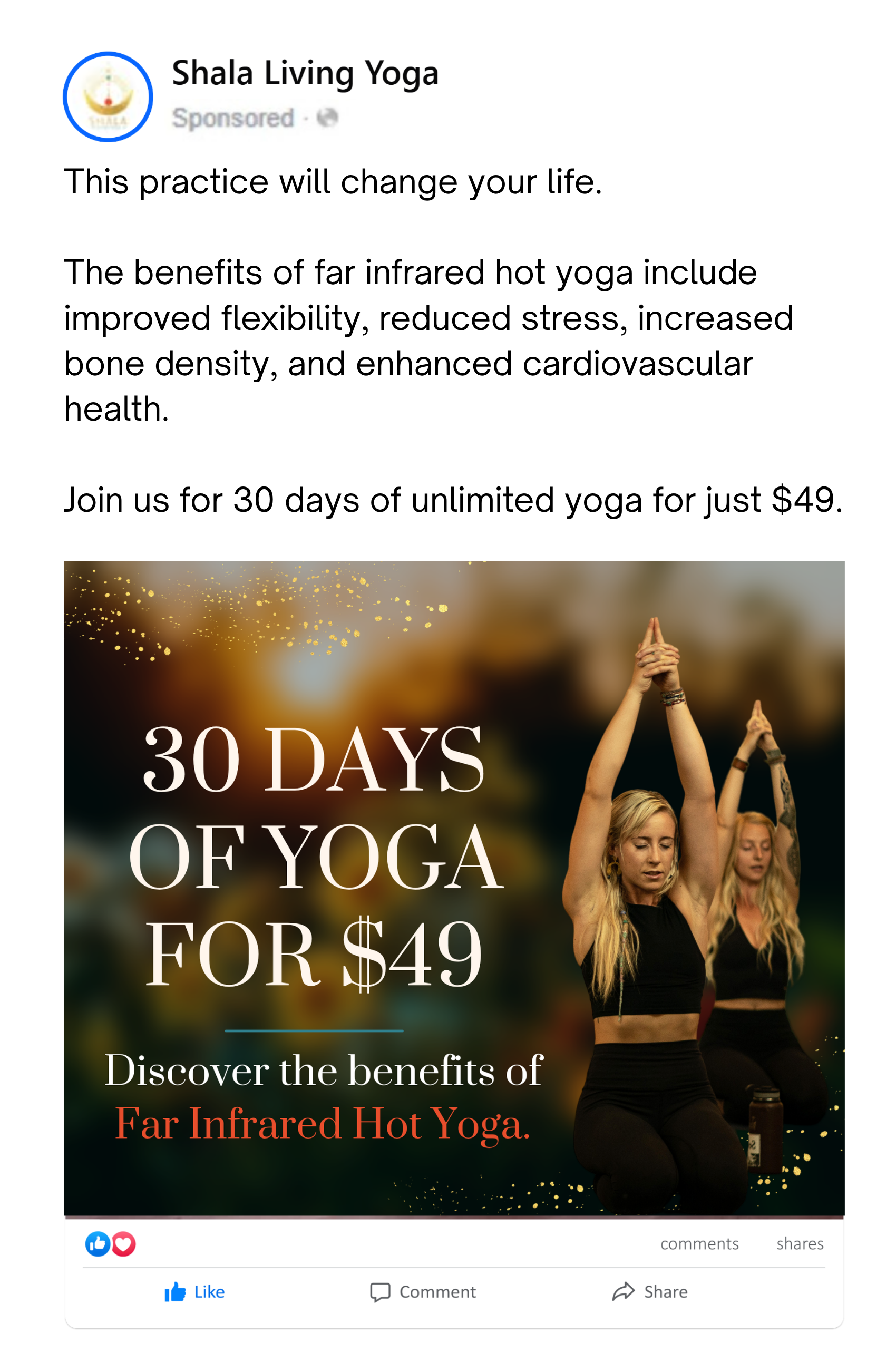Facebook Ad for Shala Living Yoga