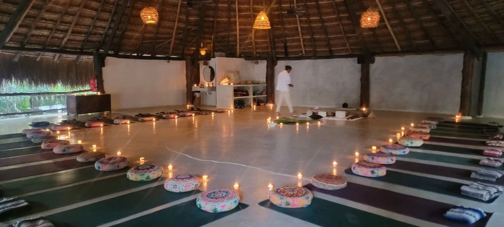 Yoga class preparation for a wellness retreat