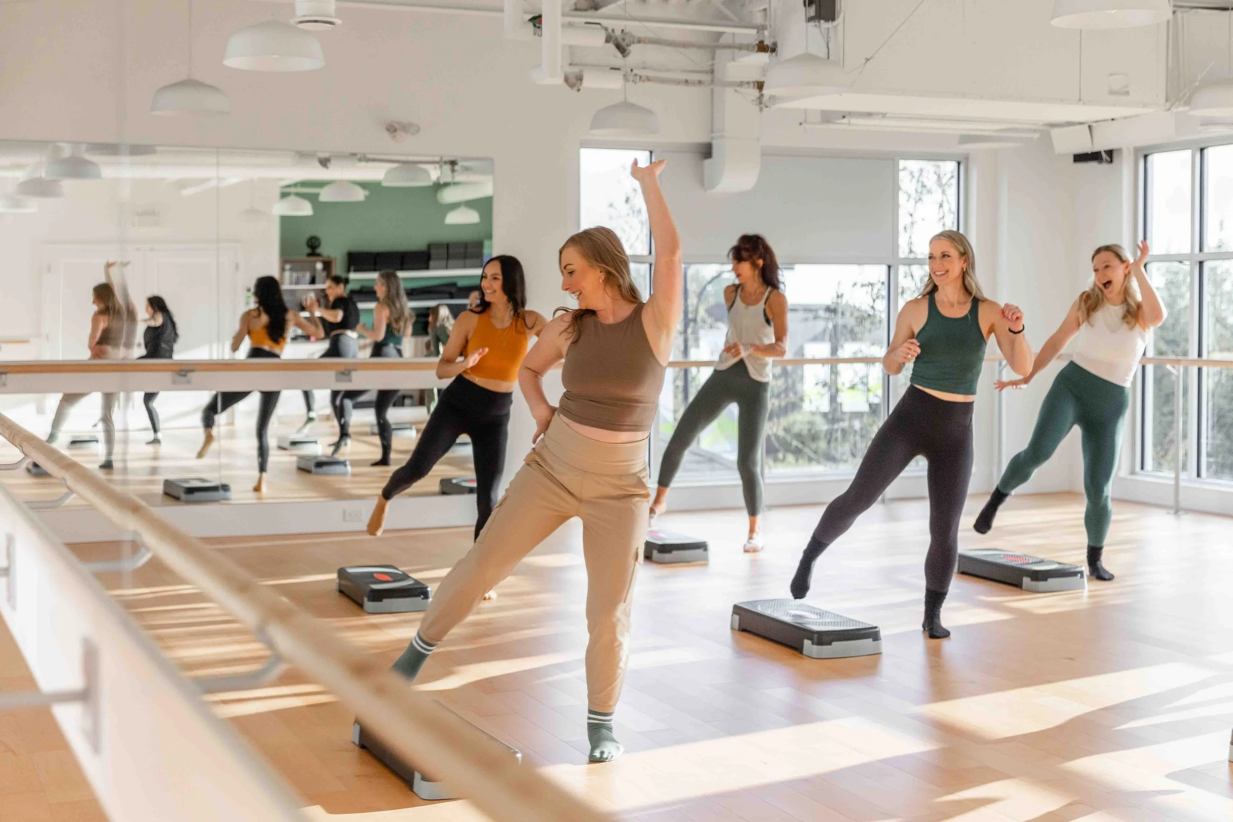 Step aerobics fitness class