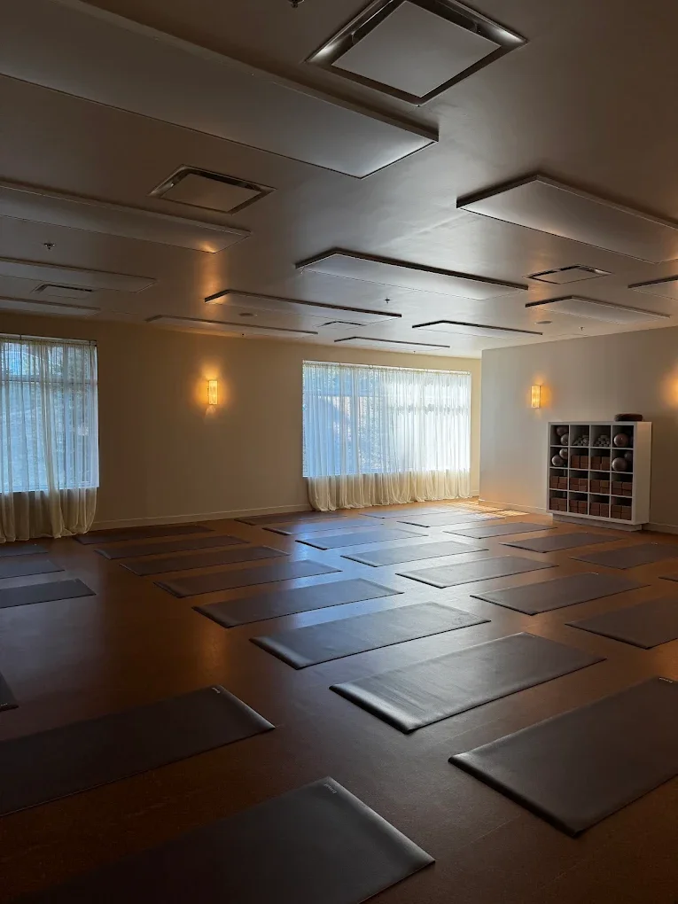 A boutique fitness room full of yoga mats extended on the floor
