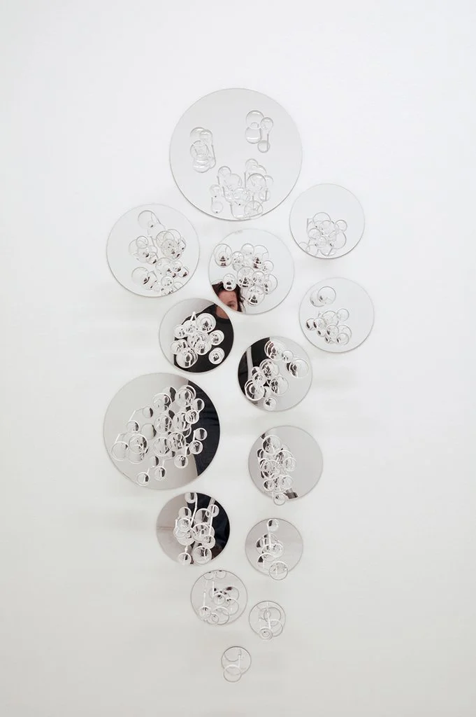 Interrupted: Body,
 Copper, Paint, Mirrored Acrylic, Meniscus Lenses,
84”x 36”x 8”,
2013