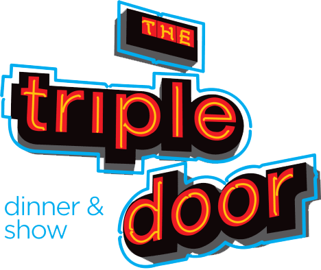 Sign for 'The Triple Door' featuring a neon style design with the words 'dinner & show' in blue.