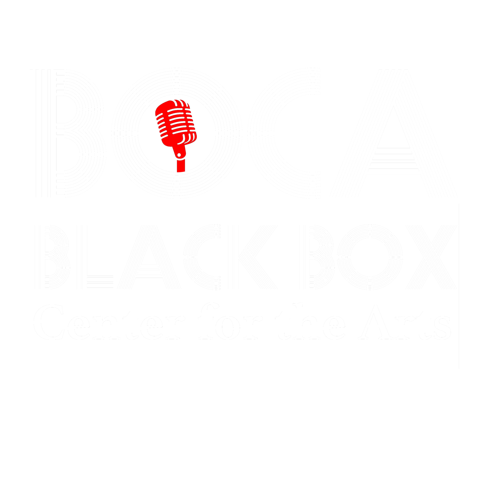 Logo for the Center for the Arts featuring the words "BOCA BLACKBOX" with a red vintage microphone inside the letter 'O' and the words "Center for the Arts" below.