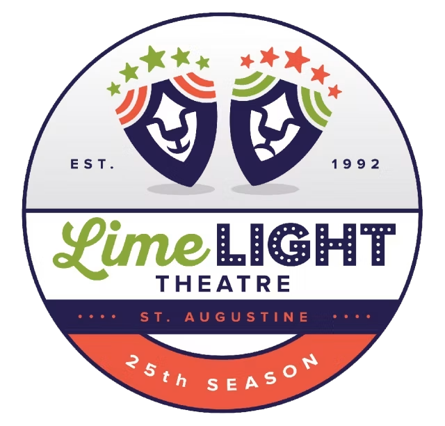 A circular logo for Lime Light Theatre, established in 1992 in St. Augustine, celebrating its 25th season. The logo features two theatrical masks with red, green, and orange stars above them.