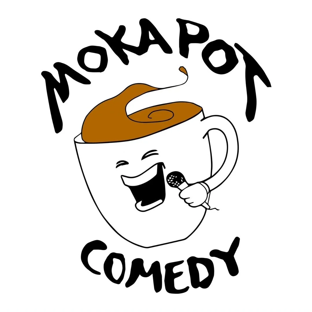 A cartoon coffee cup with a smiling face, holding a microphone, and the text 'МОЖАРОП' above and 'COMEDY' below.